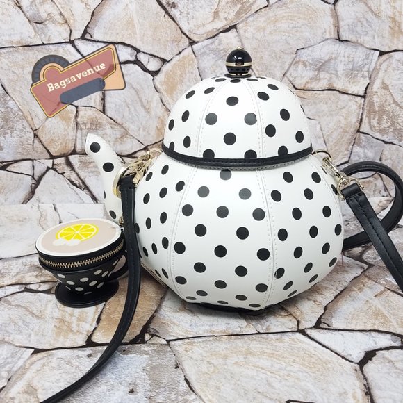 Teapot Polka Dot White Crossbody & Key Fob Key Chain Coin Purse Set Kate Spade - Picture 6 of 15